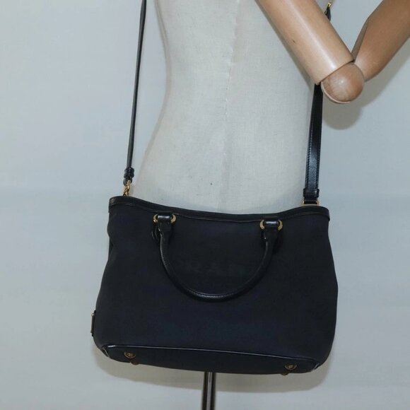 PRADA Hand Bag Canvas 2way Black Gold Auth - Picture 1 of 16